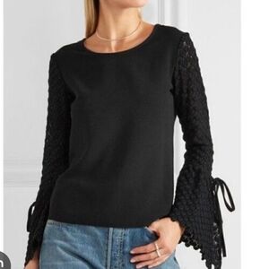 See by Chloe Black Bell Sleeve Blouse Navy Crochet Bow Accent